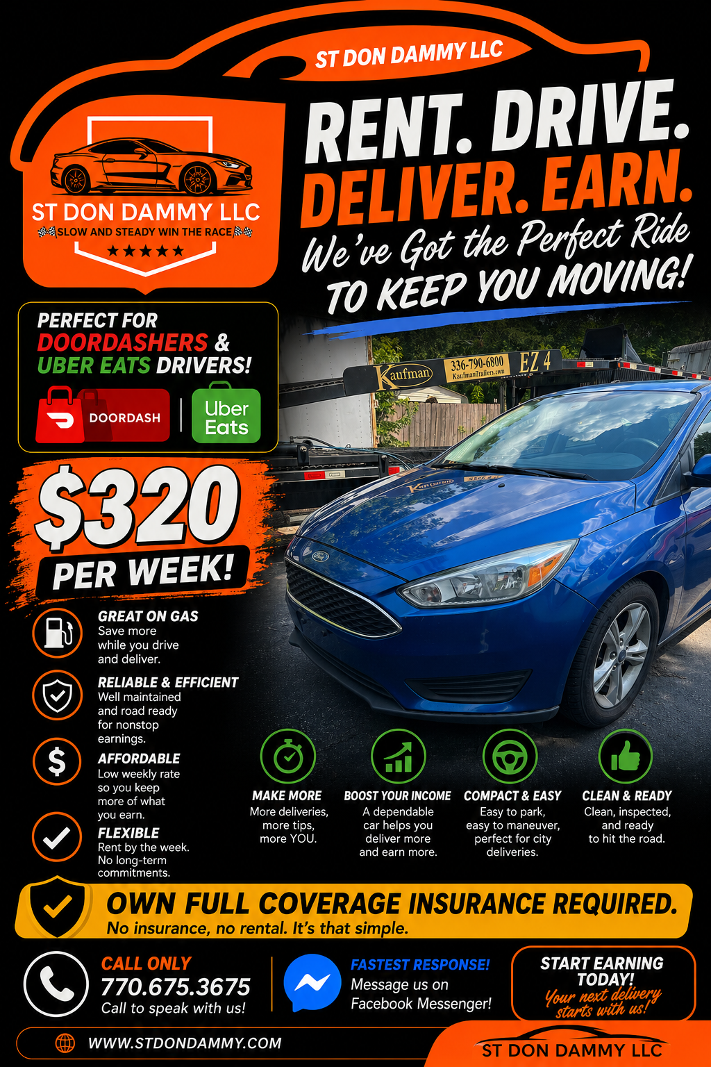 Rent. Drive. Deliver. Earn. — Blue Ford Focus rental $320/week