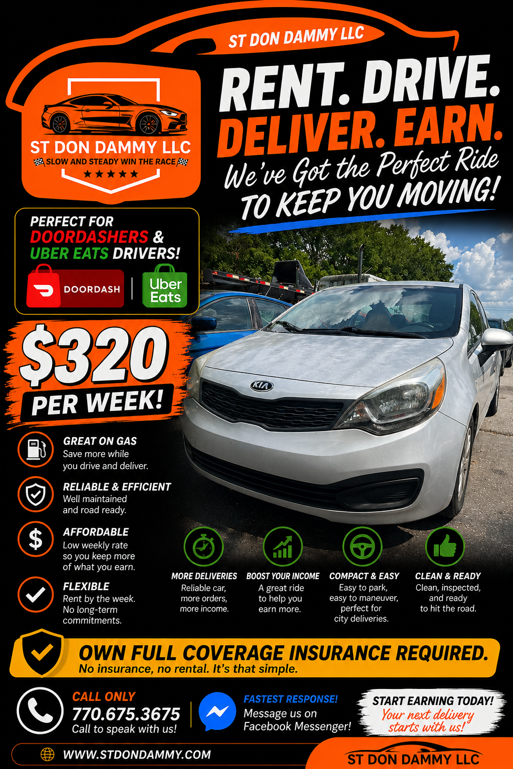 Rent. Drive. Deliver. Earn. — Silver Kia Rio rental $320/week